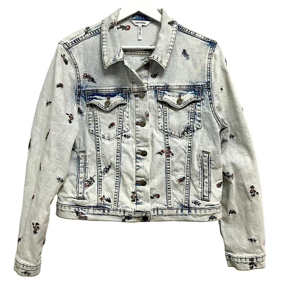 Driftwood Crop Jacket Womens Large Light Blue Floral Embroidered Denim Trucker